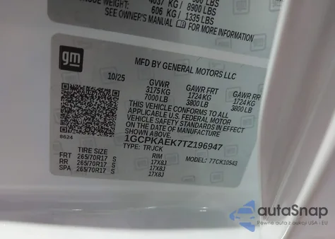 2026 Chevrolet Silverado 1500 4Wd Short Bed Wt/4Wd Standard Bed Wt from USA, damaged, VIN 1GCPKAEK7TZ196947